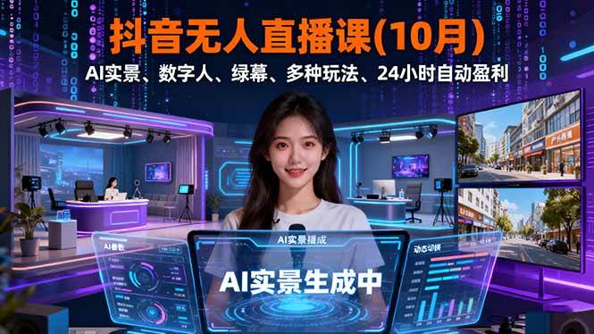 （16355期）抖音无人直播课(10月)，AI实景、数字人、绿幕、多种玩法、24小时自动盈利9-enhui99