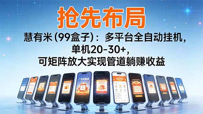 （16757期）【抢先布局】慧有米（99盒子）：多平台全自动挂机，单机20-30+，可矩阵放大实现管道躺赚收益9-enhui99